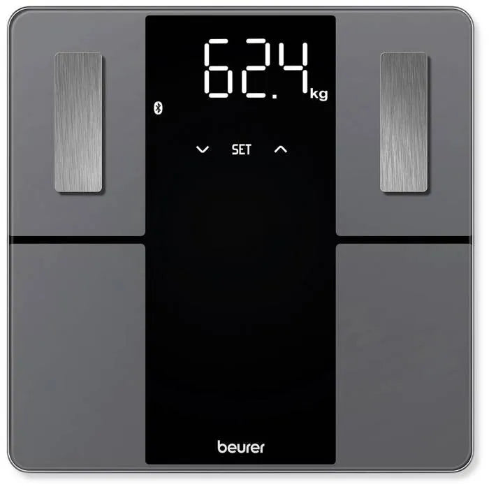 Digitale Personenwaage in Grau mit schwarzem Display, das 62,4 kg anzeigt.