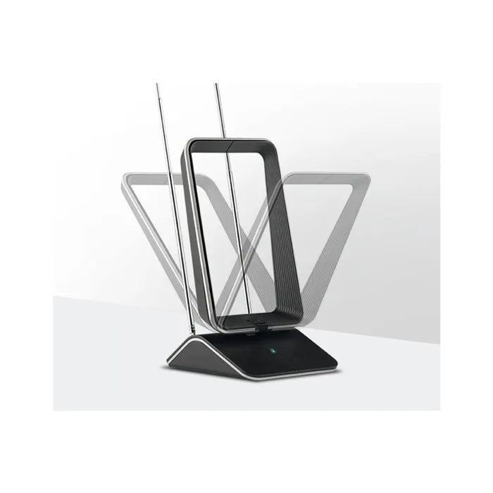 Schwarze Indoor-Antenne mit verstellbarem Rahmen und zwei Antennenstäben auf weißem Hintergrund.
