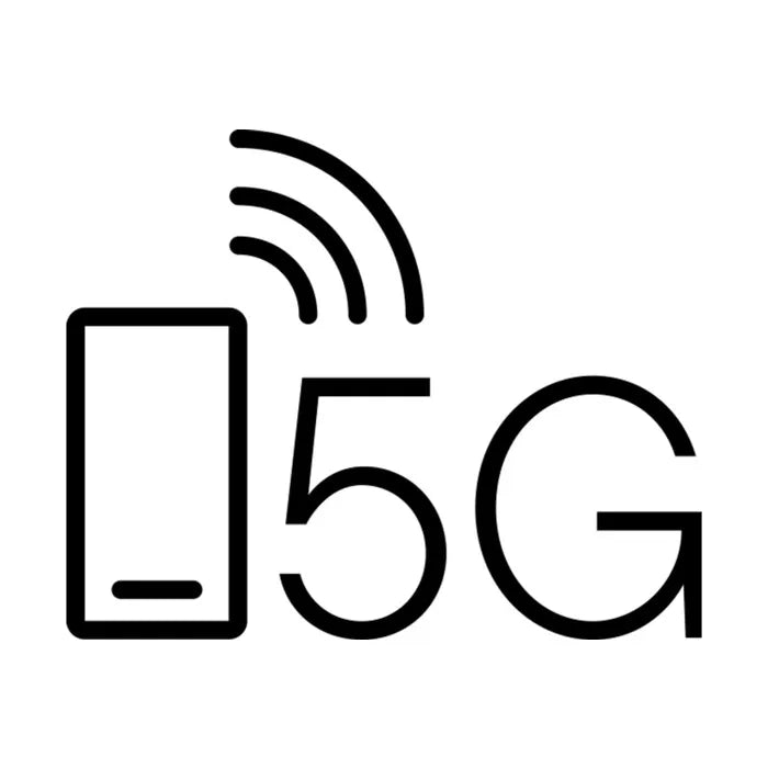 Ein schwarzes Umriss-Symbol eines Smartphones mit WLAN-Wellen und dem Text 5G daneben.