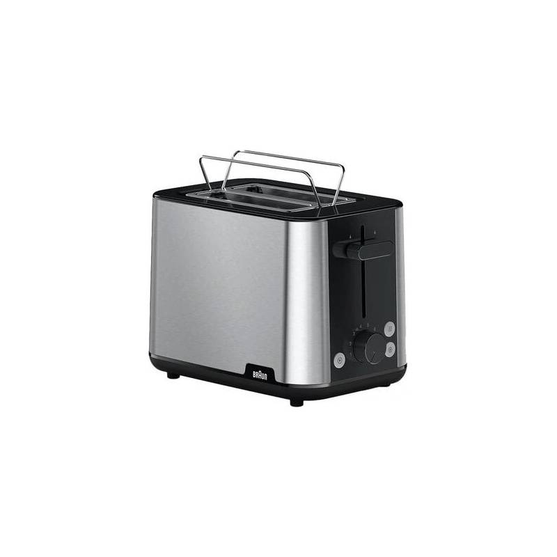 Ein moderner silber-schwarzer Toaster mit Brötchenaufsatz auf weißem Hintergrund.