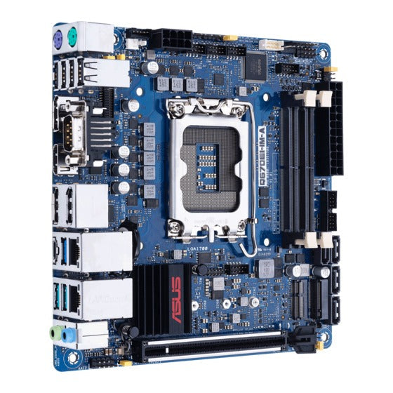 Una scheda madre per computer ASUS blu con varie porte, socket CPU, slot RAM e dissipatori su sfondo bianco.