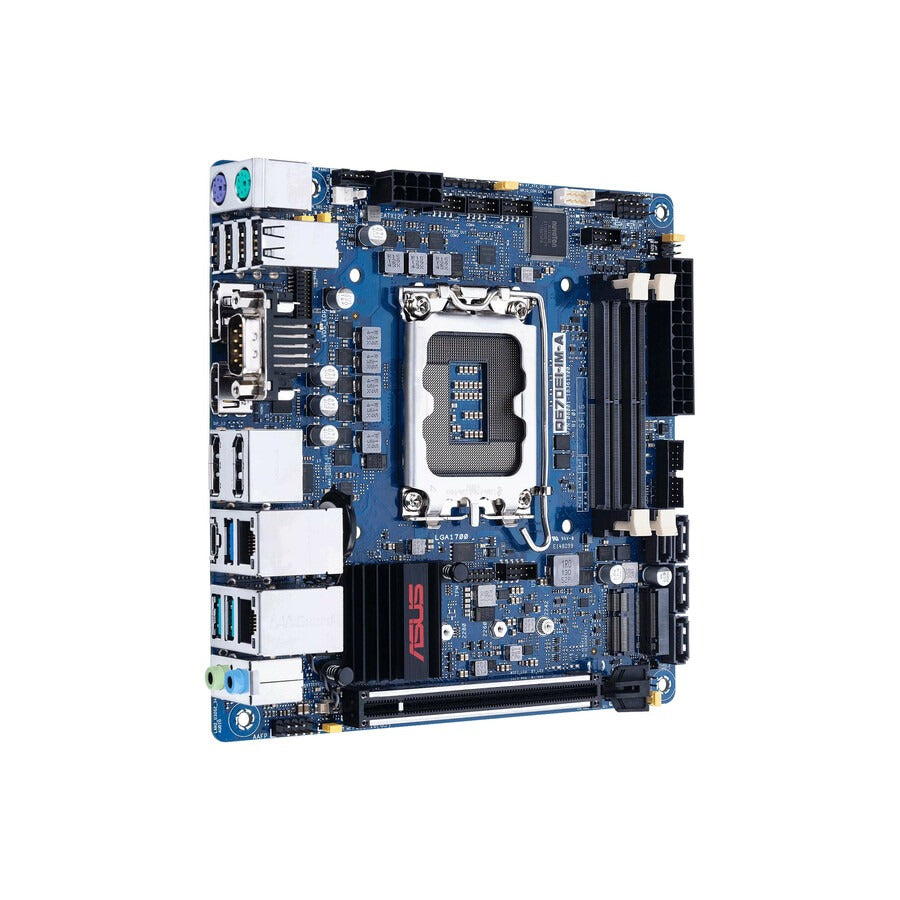 Una scheda madre Mini-ITX ASUS Q670EI-IM-A blu con socket CPU, slot RAM e porte posteriori.