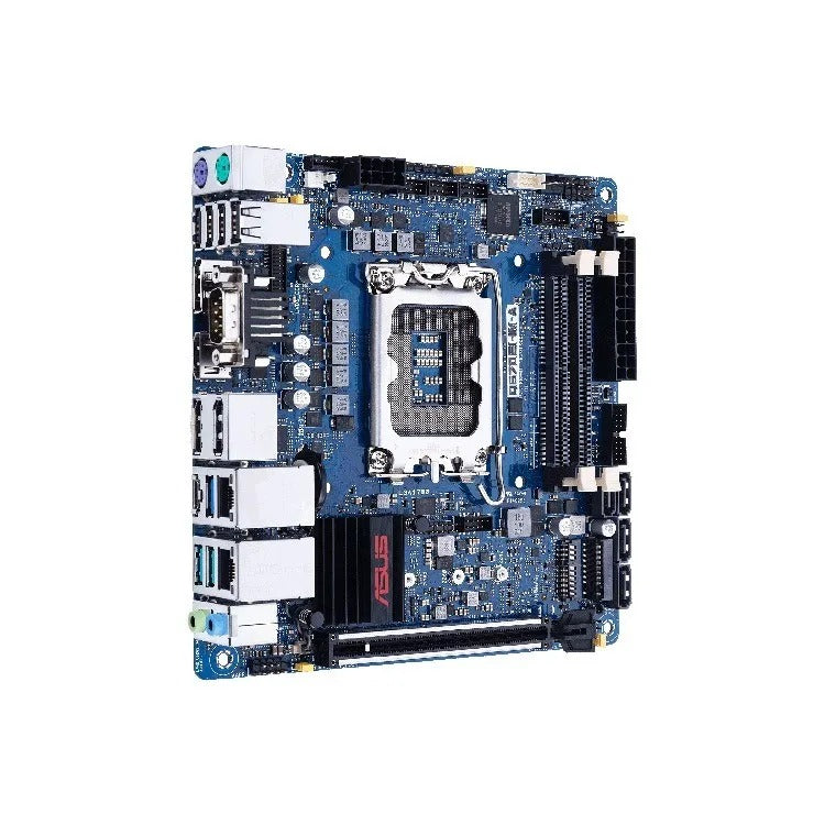 Una scheda madre per computer blu con varie porte, slot di espansione e un socket CPU centrale.
