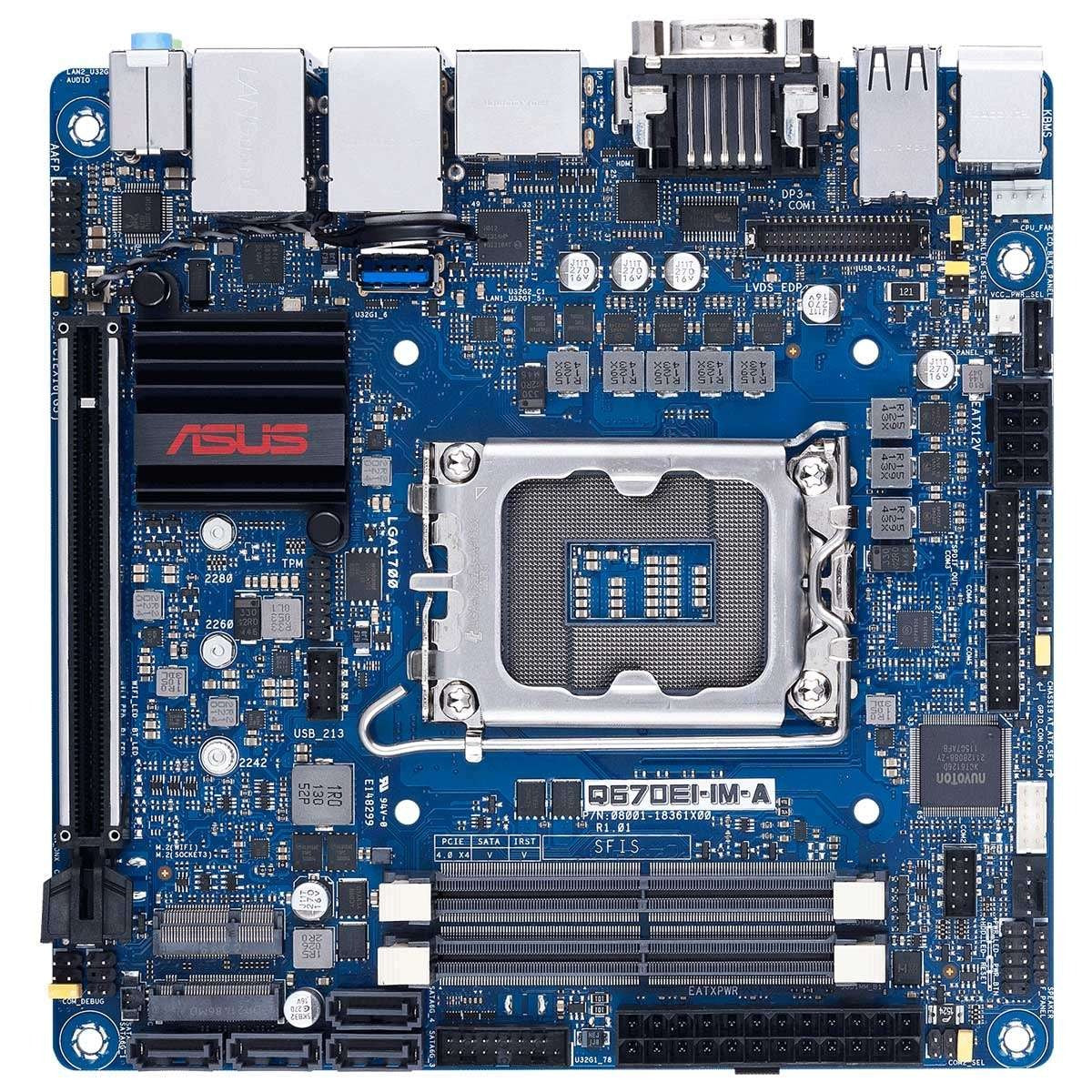 Una scheda madre ASUS blu con socket CPU LGA1700, slot RAM e varie porte I/O posteriori.