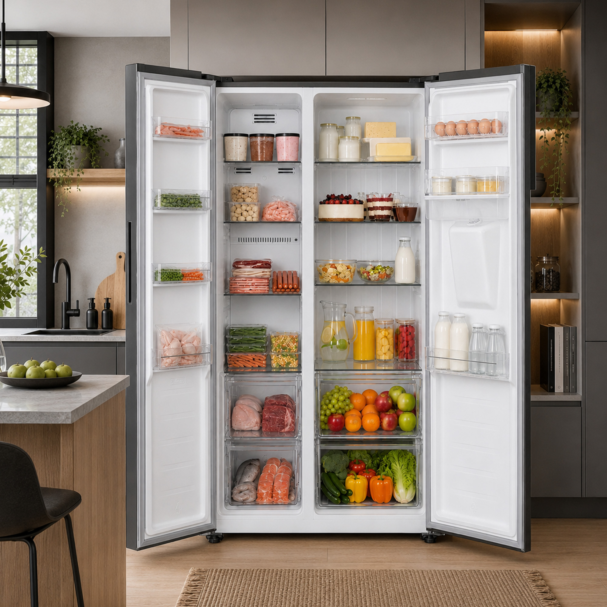 An open double-door refrigerator is filled with various food items including fresh fruits, vegetables, and drinks in a kitchen.
