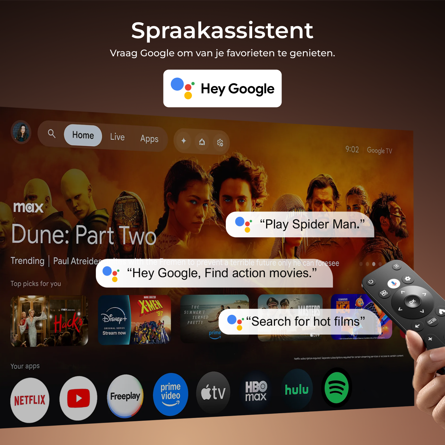 Google TV screen showing Dune: Part Two and voice commands using a remote.