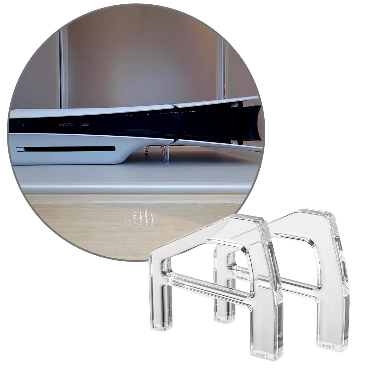 Two clear acrylic horizontal stands for a PlayStation 5 console, shown in use and individually.