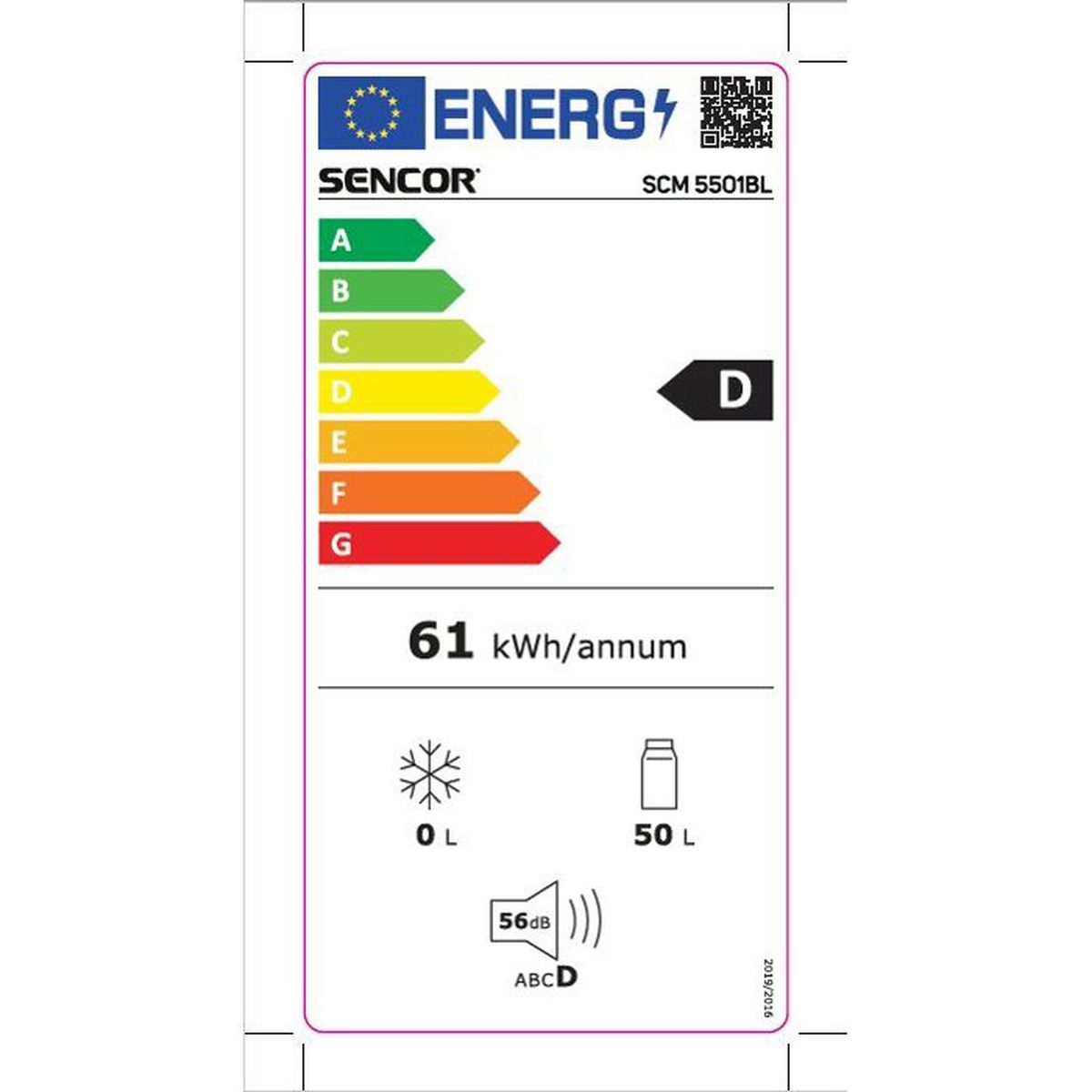 Sencor SCM 5501BL Energielabel Klasse D, 61 kWh/Jahr, 0L, 50L und 56dB Geräuschpegel.