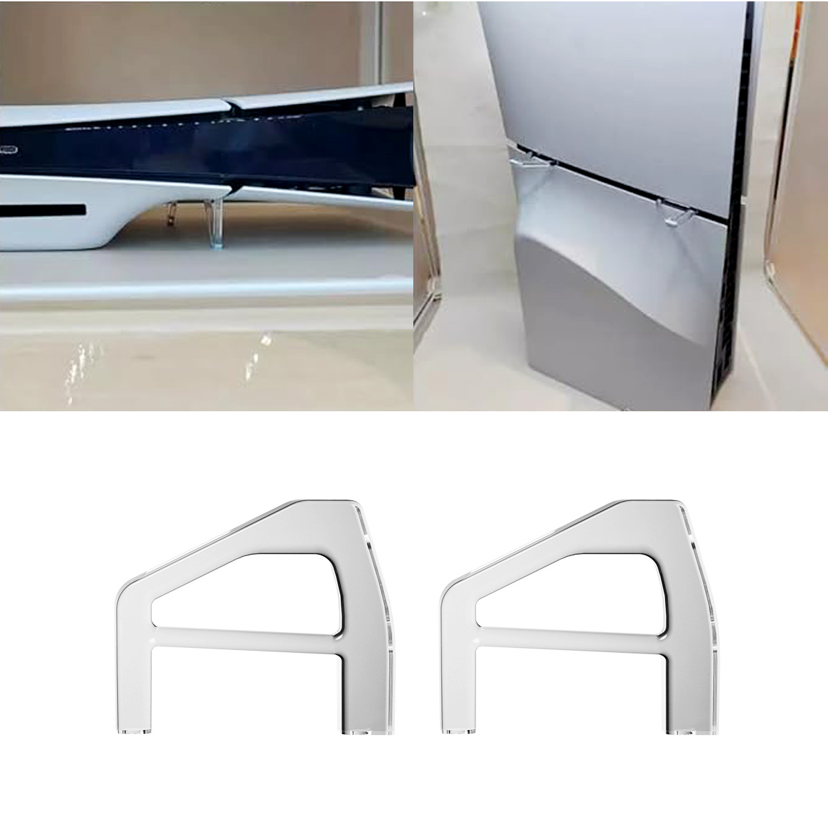 Two transparent acrylic stands for supporting a white and black game console on a shelf.