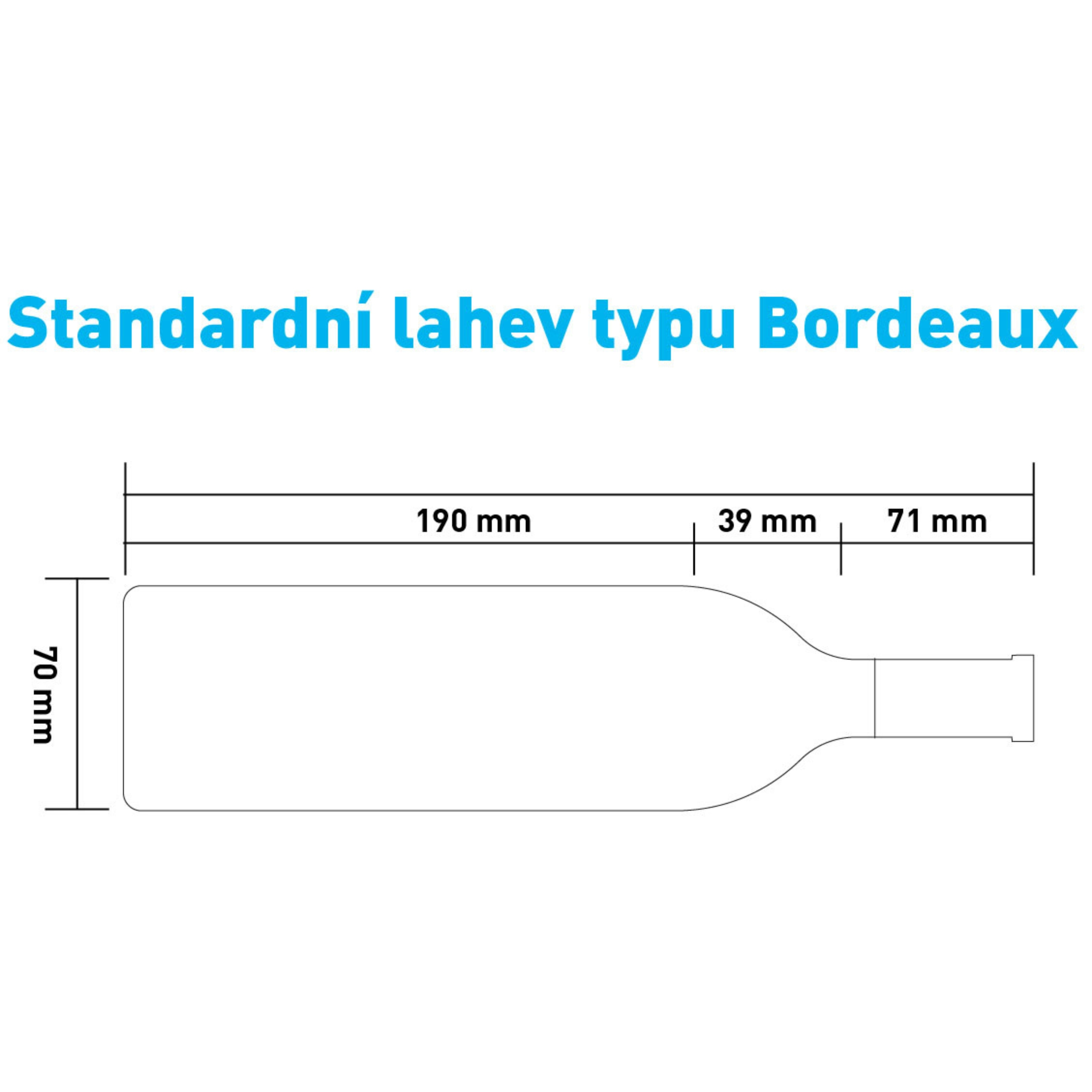 Schemat standardowej butelki wina typu Bordeaux z wymiarami w milimetrach.