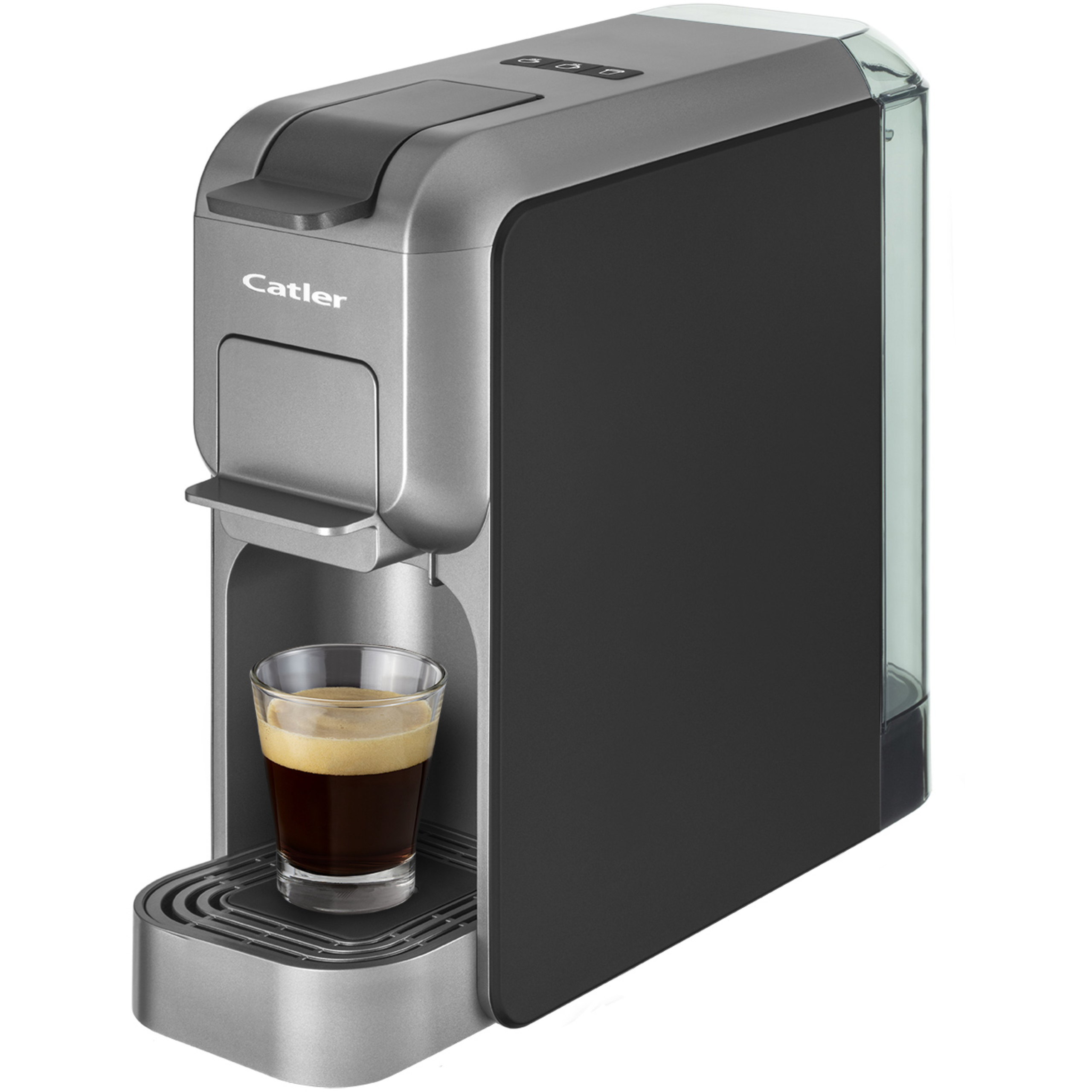Eine graue und schwarze Catler Kaffeemaschine mit einer Tasse Espresso auf der Abtropffläche.