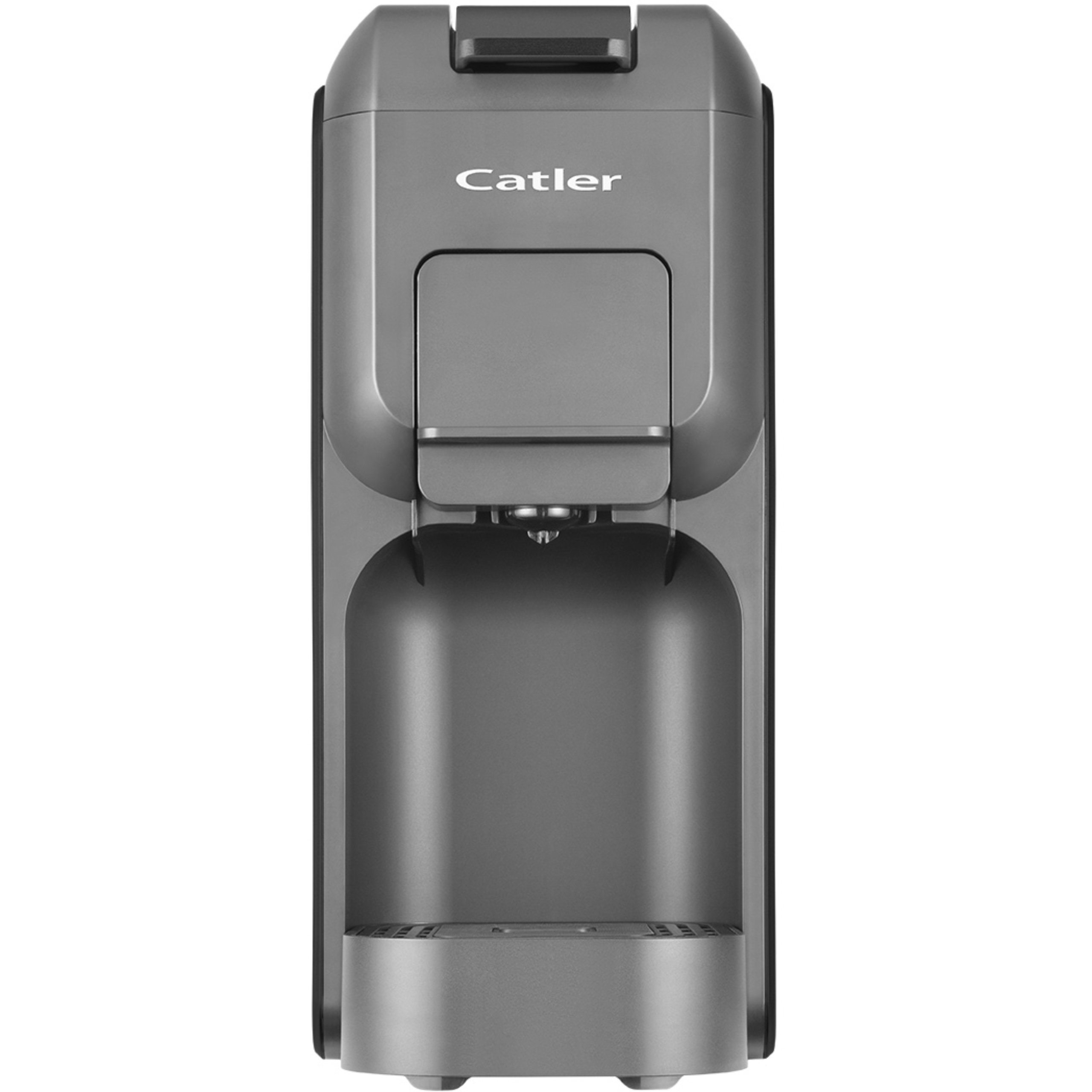 Eine graue Catler Kaffeemaschine mit modernem Design und integriertem Abtropfgitter auf weißem Hintergrund.