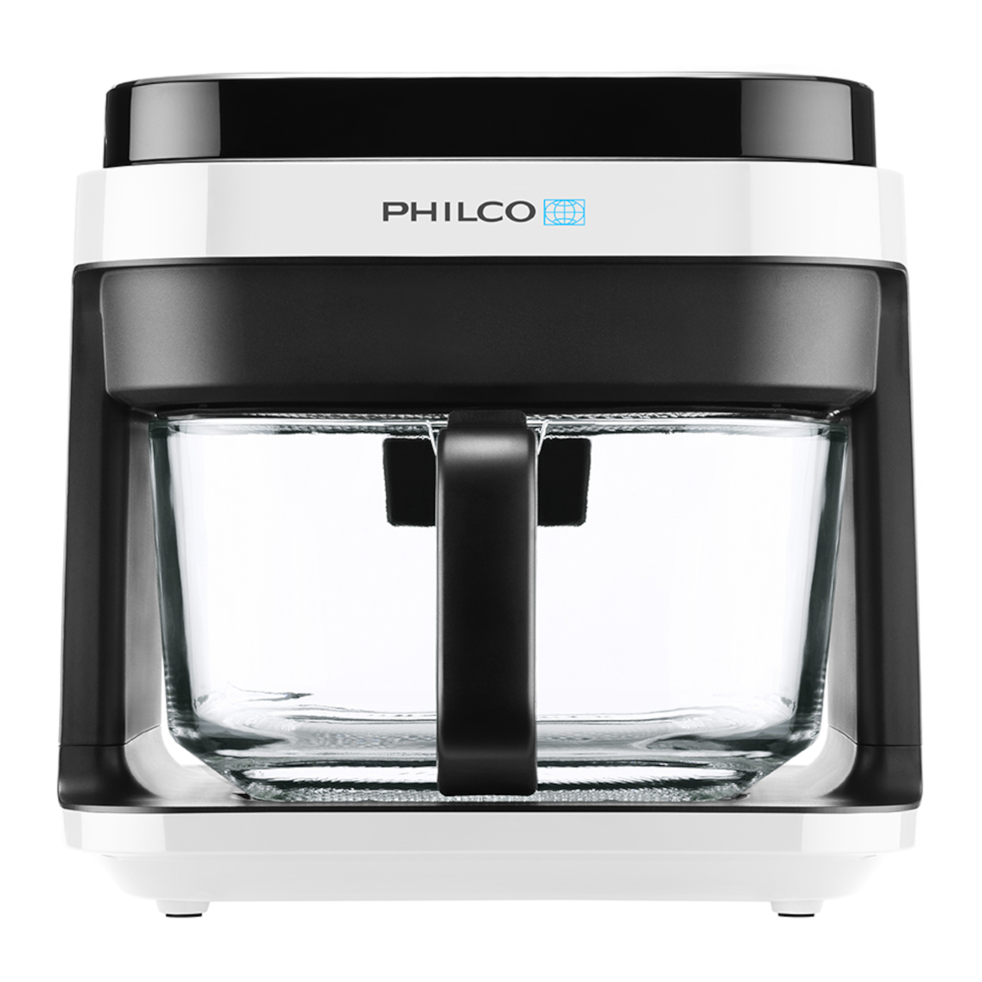 Czarno-biała frytkownica beztłuszczowa Philco z przezroczystym szklanym koszem.