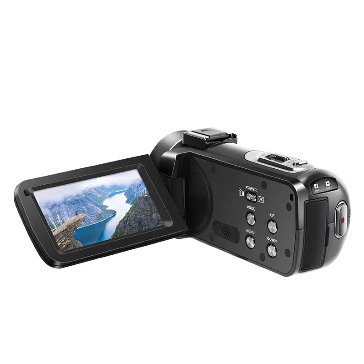 Black camcorder with open screen showing a mountain and lake landscape.