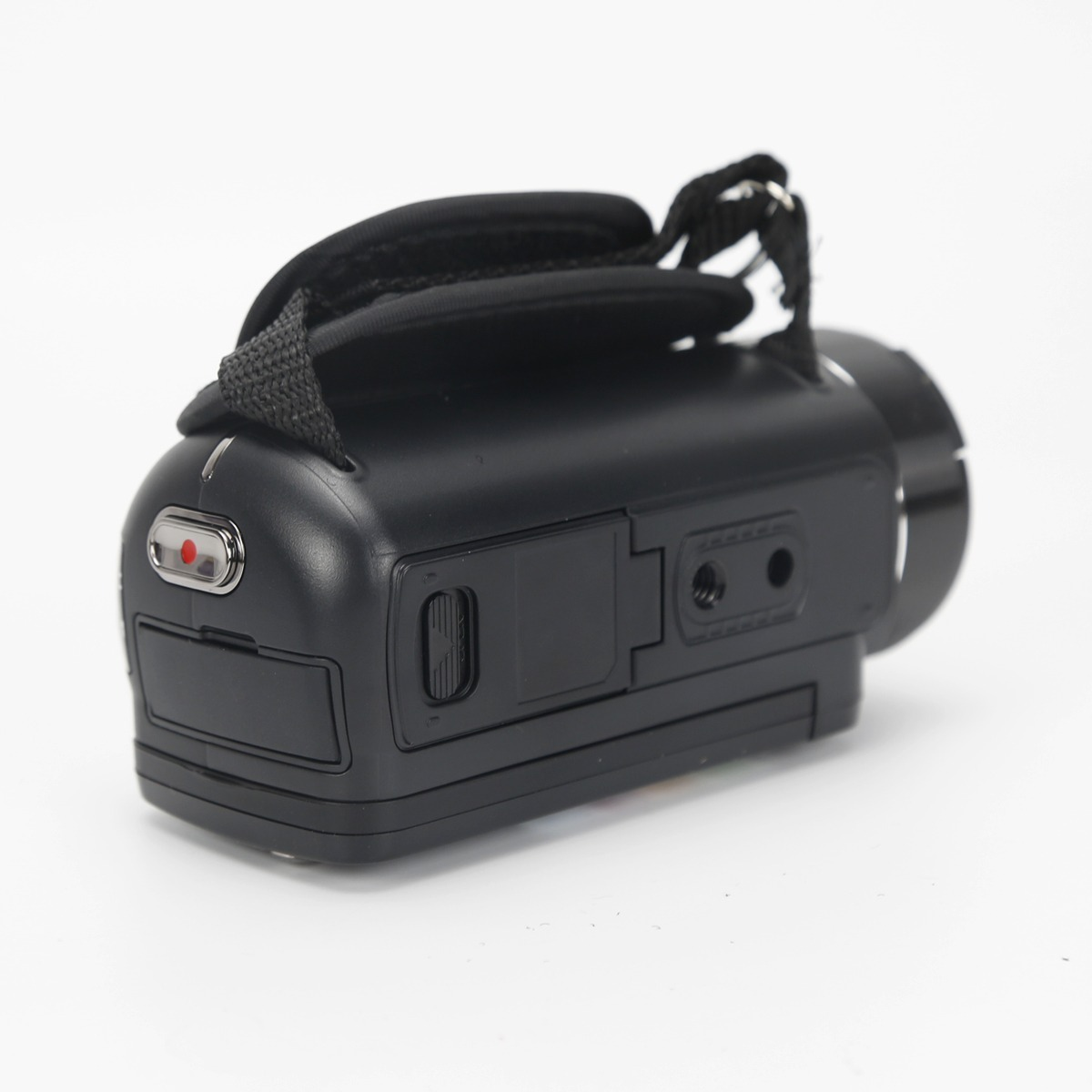 A black handheld video camera with a hand strap against a white background.