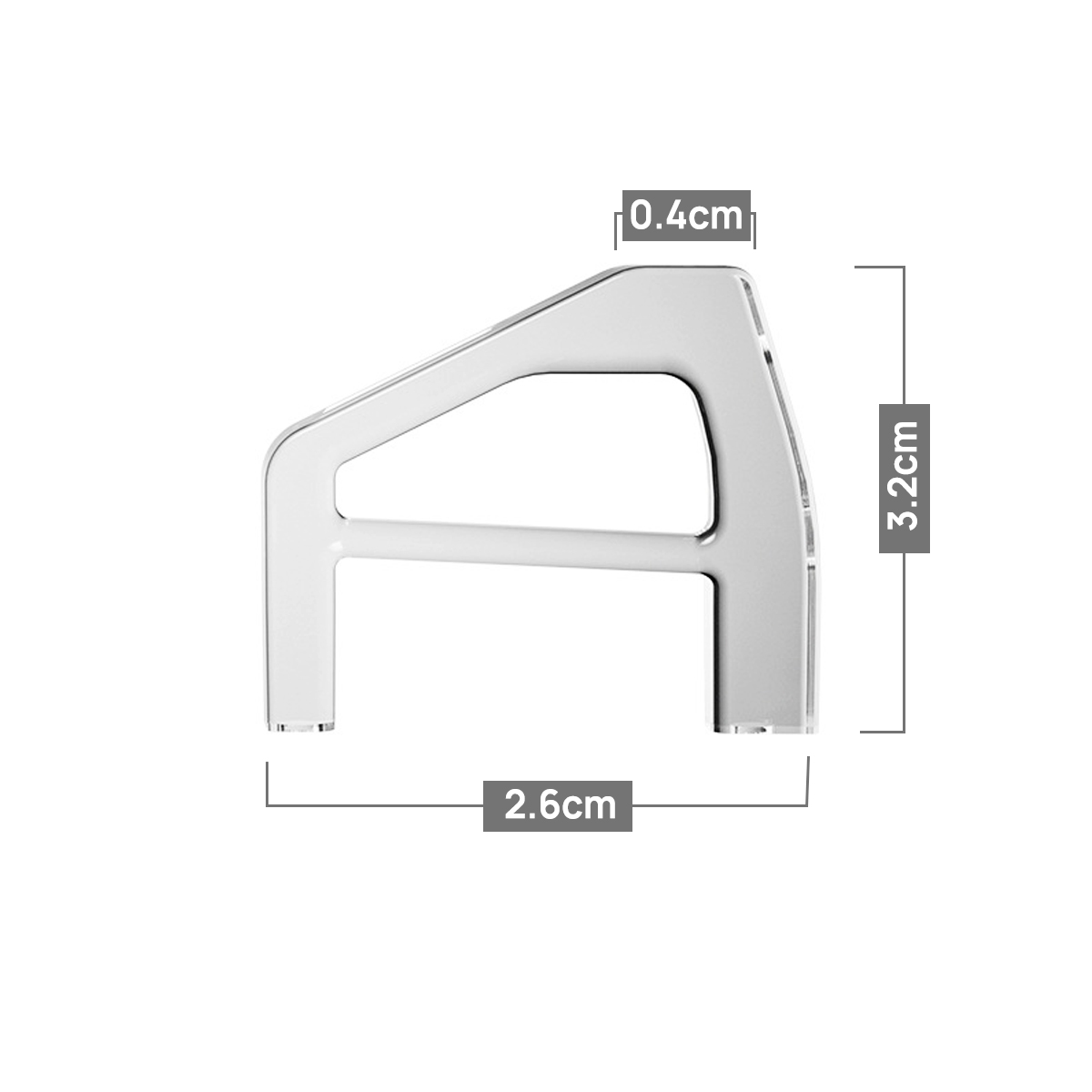 Acrylic letter A with dimensions showing 3.2 cm height, 2.6 cm width, and 0.4 cm thickness.
