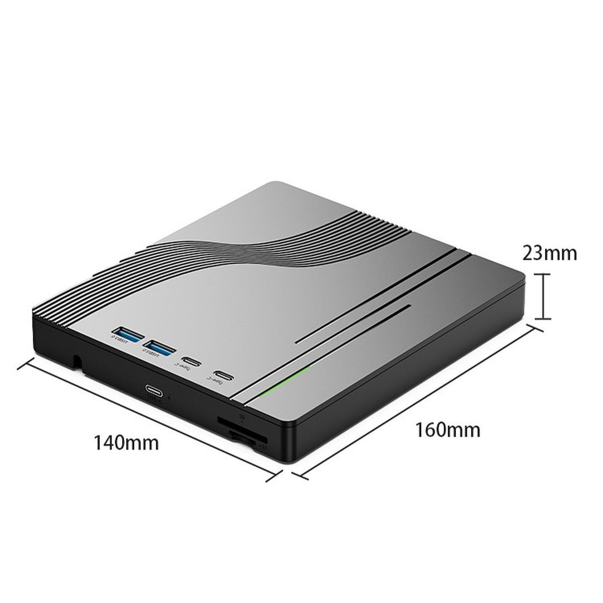 Grauer Mini-PC mit Maßen: 140mm Breite, 160mm Länge, 23mm Höhe, Frontanschlüsse.
