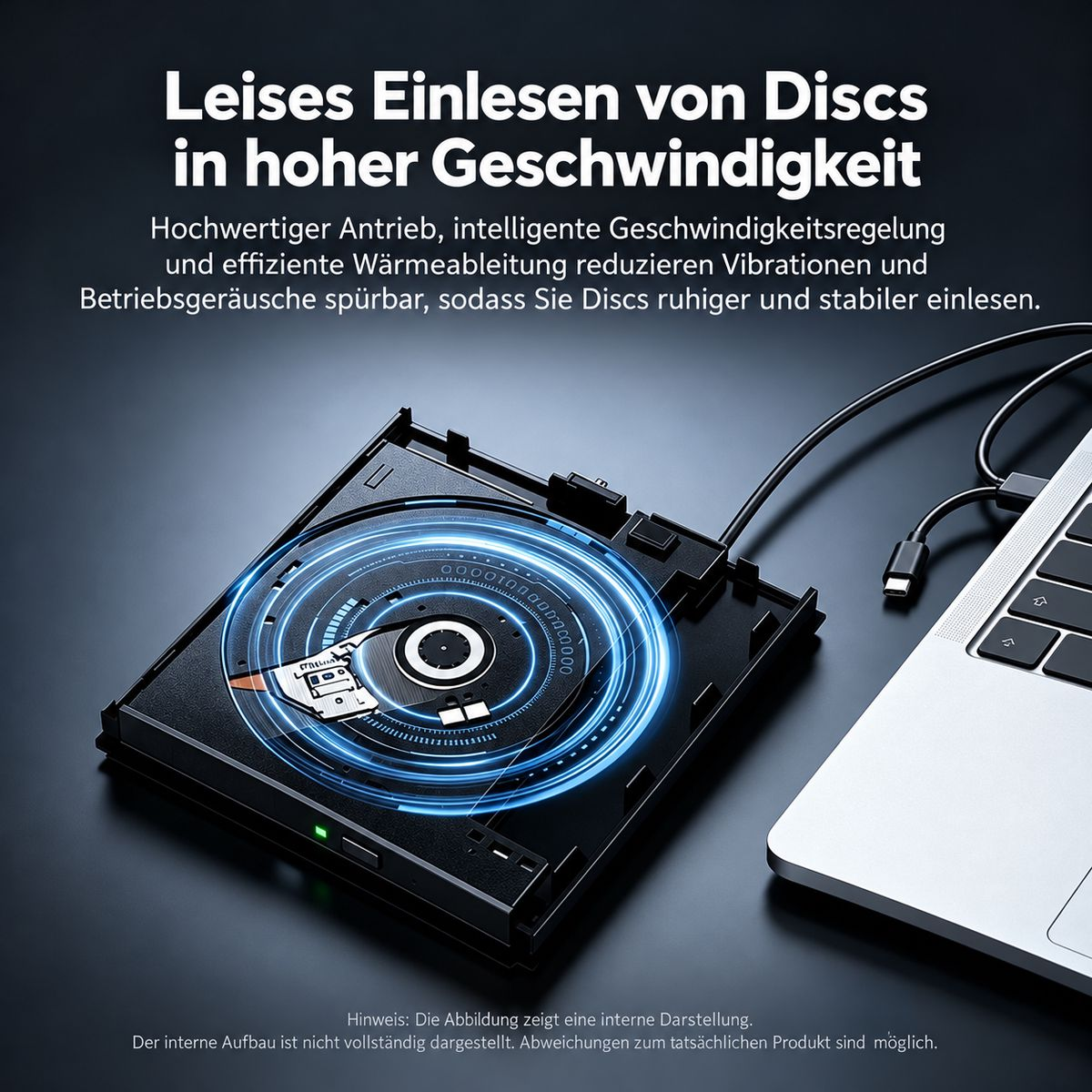Ein externes CD-Laufwerk neben einem Laptop zeigt im X-Ray-Stil blaue Lichtkreise und innere Bauteile.