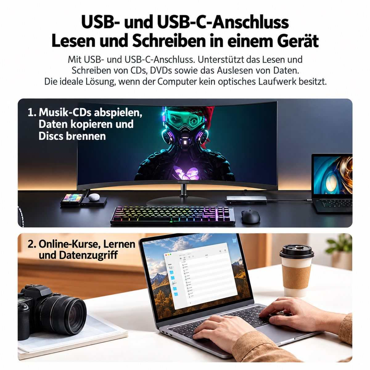 Produktwerbung für USB/USB-C CD/DVD-Laufwerk mit Schreibtischszenen und deutschem Text.
