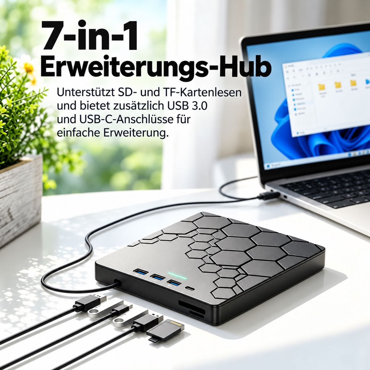 Ein schwarzer 7-in-1-Erweiterungs-Hub mit Hexagon-Muster auf einem Schreibtisch neben einem Laptop.