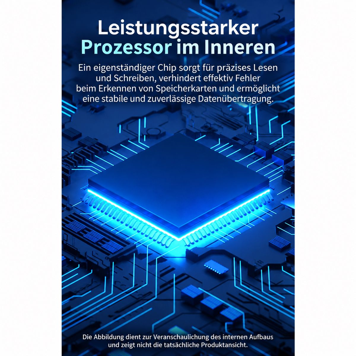 Blaue Grafik zeigt einen Prozessor auf einer Leiterplatte mit Text über stabile Datenübertragung.