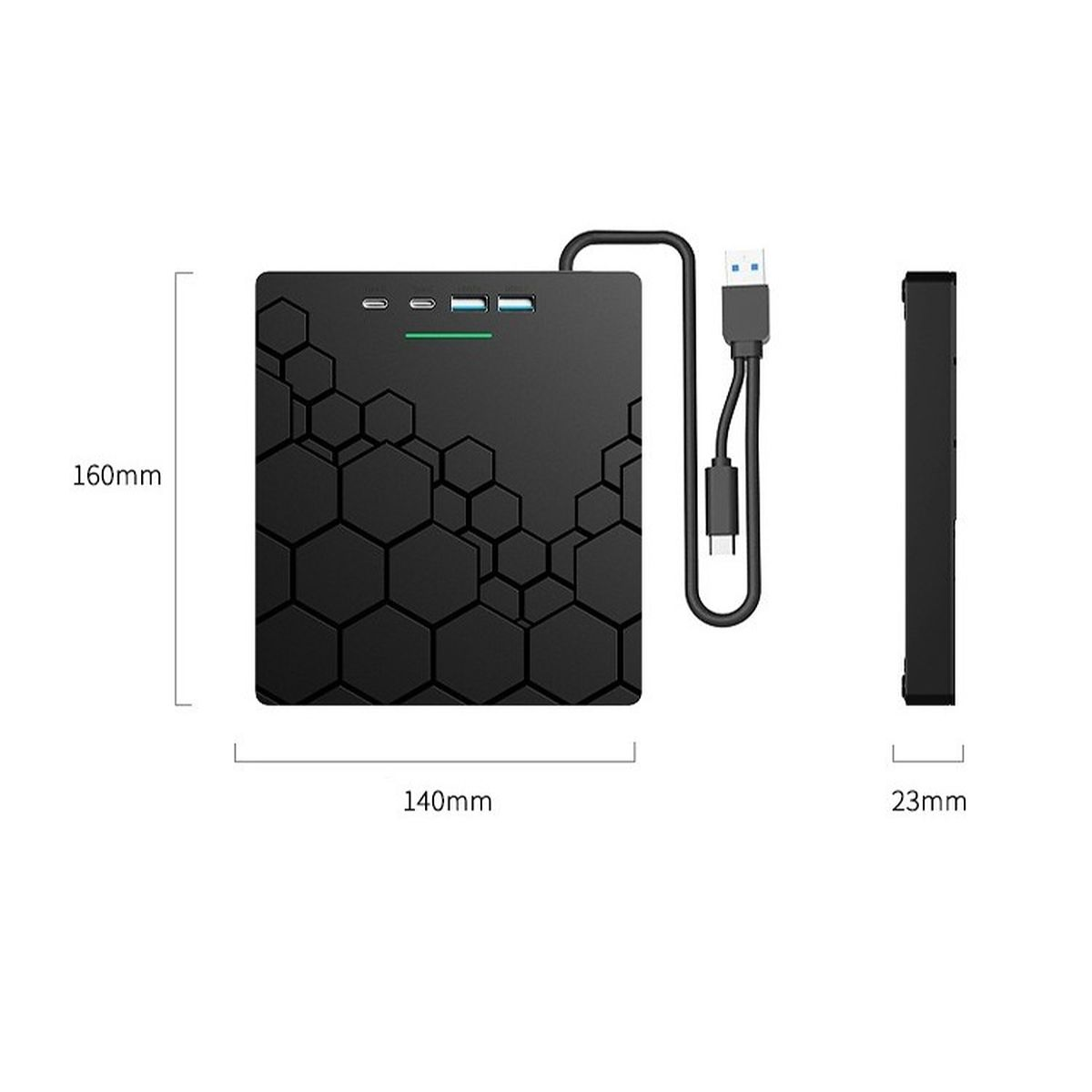 Ein schwarzes elektronisches Gerät mit 160x140x23mm Maßen, mehreren USB-Anschlüssen und einem Kabel.