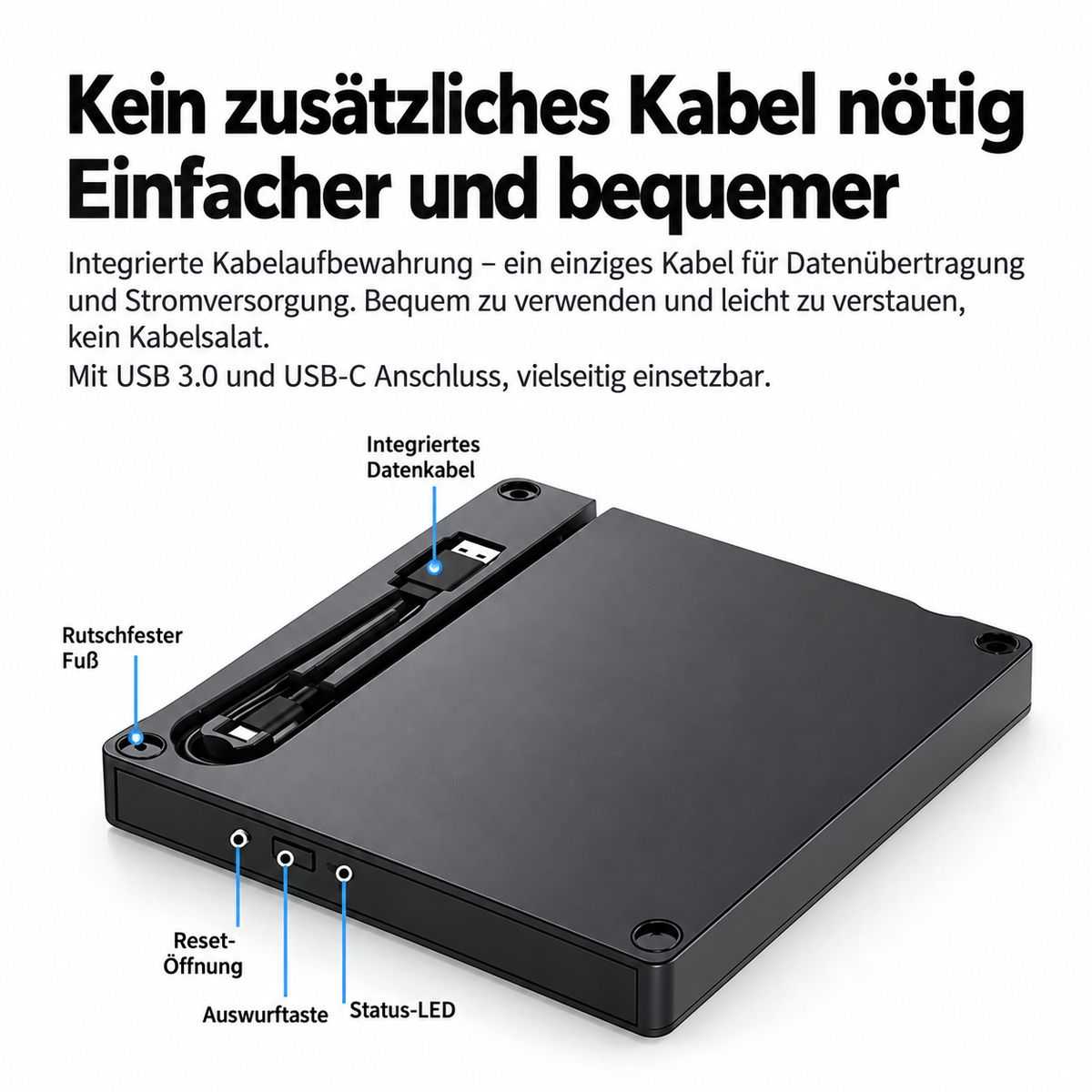 Schwarzes externes Laufwerk mit integriertem Kabel und deutscher Beschriftung.