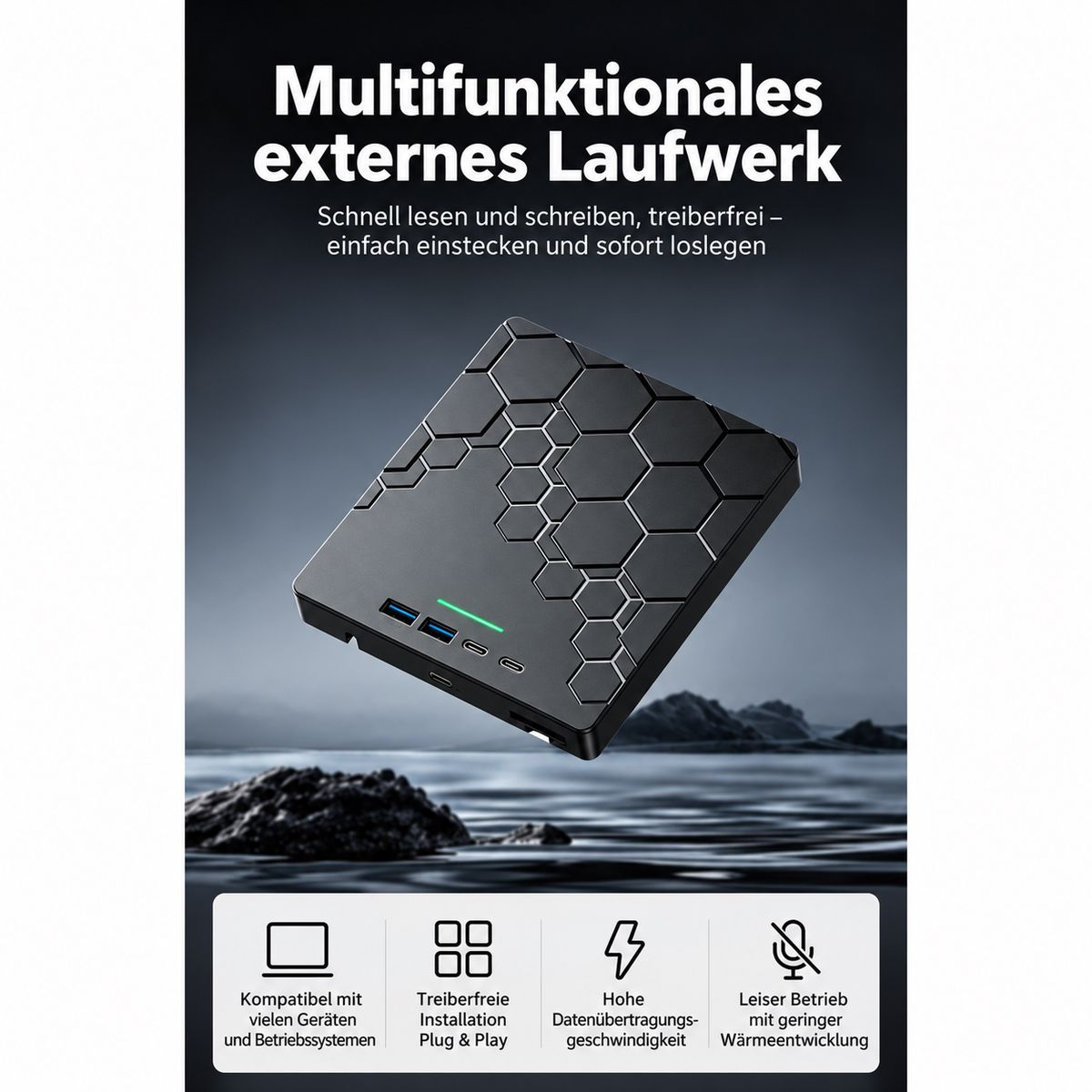 Ein schwarzes, externes Laufwerk mit Wabenmuster und deutscher Produktbeschreibung auf dunklem Hintergrund.