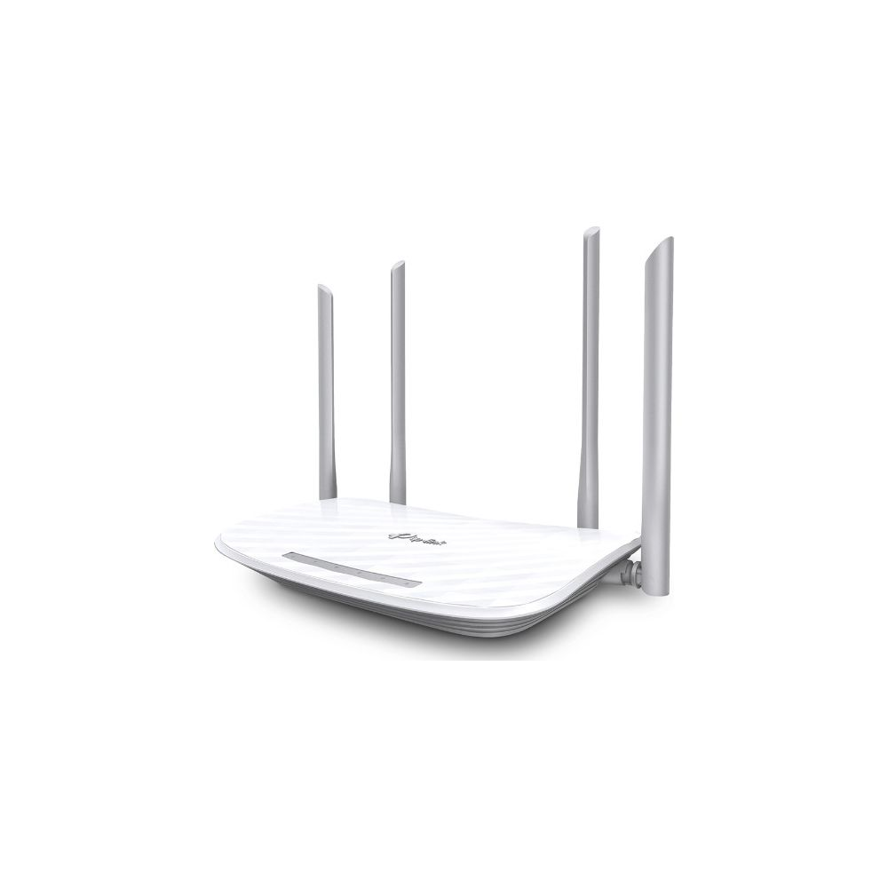 Biały router bezprzewodowy z czterema pionowymi antenami na białym tle.