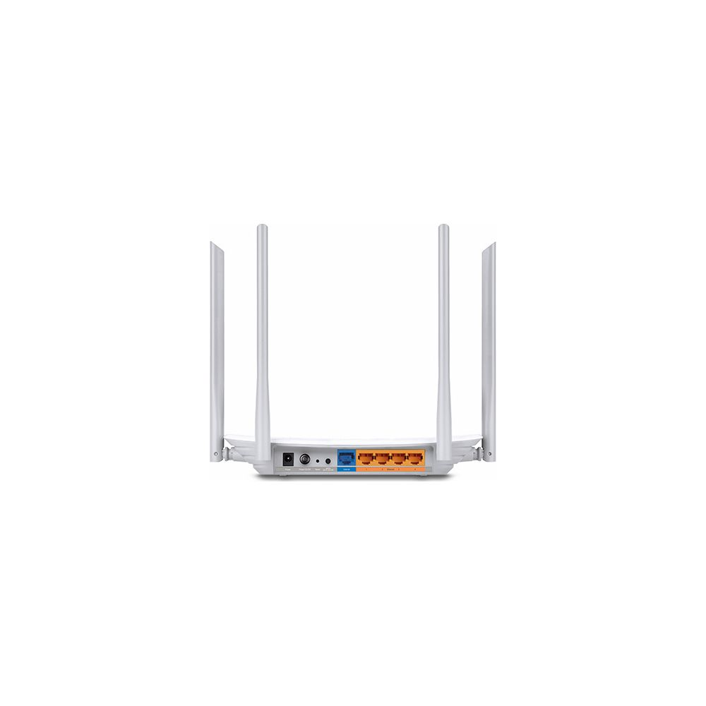 Widok z tyłu białego routera Wi-Fi z czterema pionowymi antenami i różnymi portami.