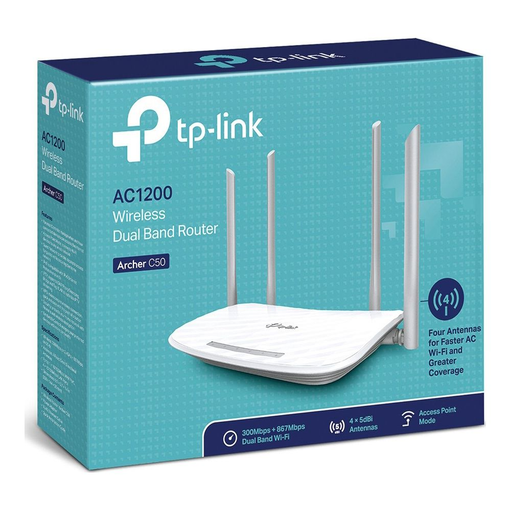 Opakowanie i bezprzewodowy router dwupasmowy TP-Link AC1200 z czterema białymi antenami.