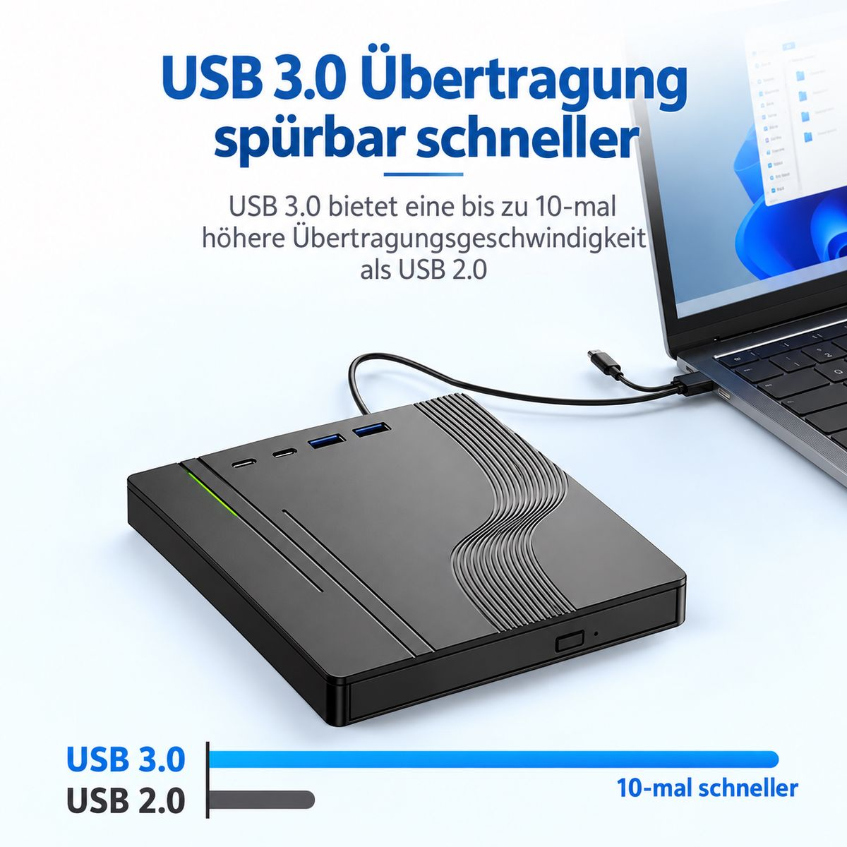 Ein schwarzes USB 3.0 externeres Laufwerk ist mit einem Laptop verbunden, mit Text über Geschwindigkeitsvergleiche.