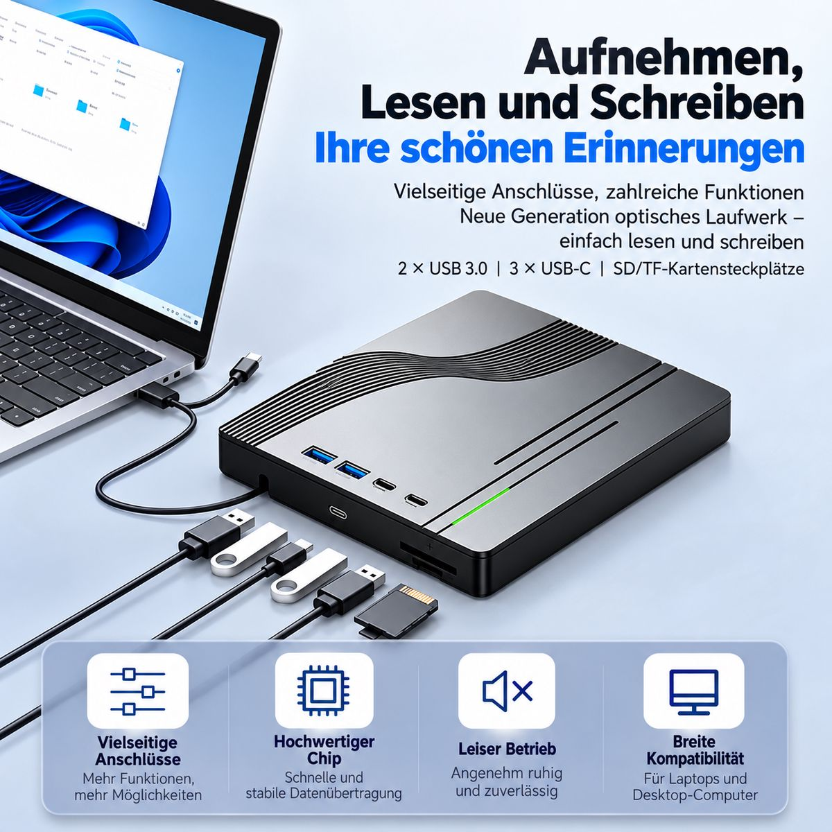 Externes optisches Laufwerk mit USB-Anschlüssen, verbunden mit einem Laptop, mit deutscher Textwerbung.