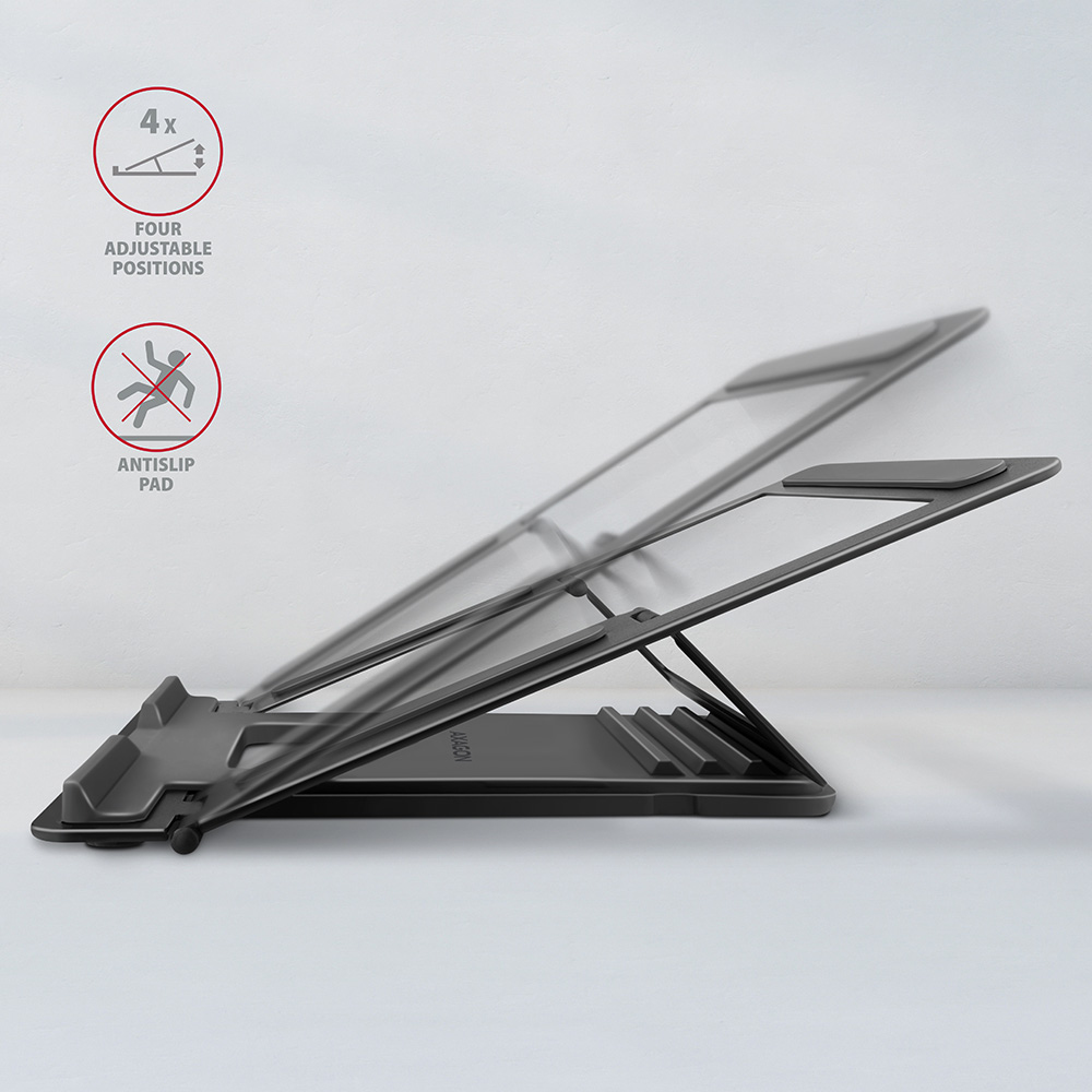 Verstellbarer schwarzer Laptopständer mit vier Positionen und Antirutsch-Pads vor weißem Hintergrund.