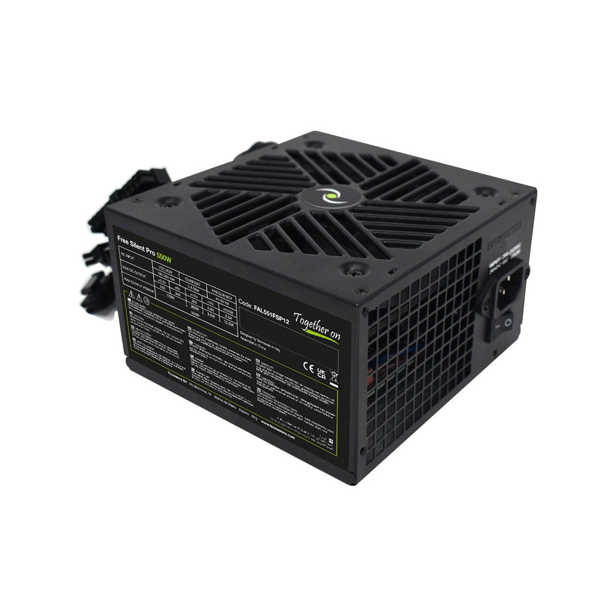 Ein schwarzes PC-Netzteil mit einem Lüfter oben und einem Typenschild an der Seite.