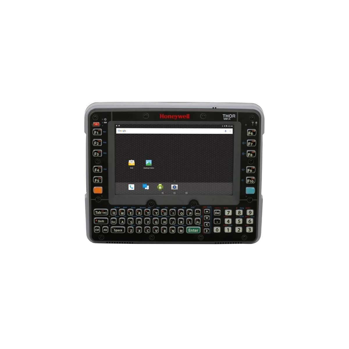 Honeywell Thor VM1A Industriecomputer mit Touchscreen und physischer QWERTY-Tastatur auf weißem Hintergrund.