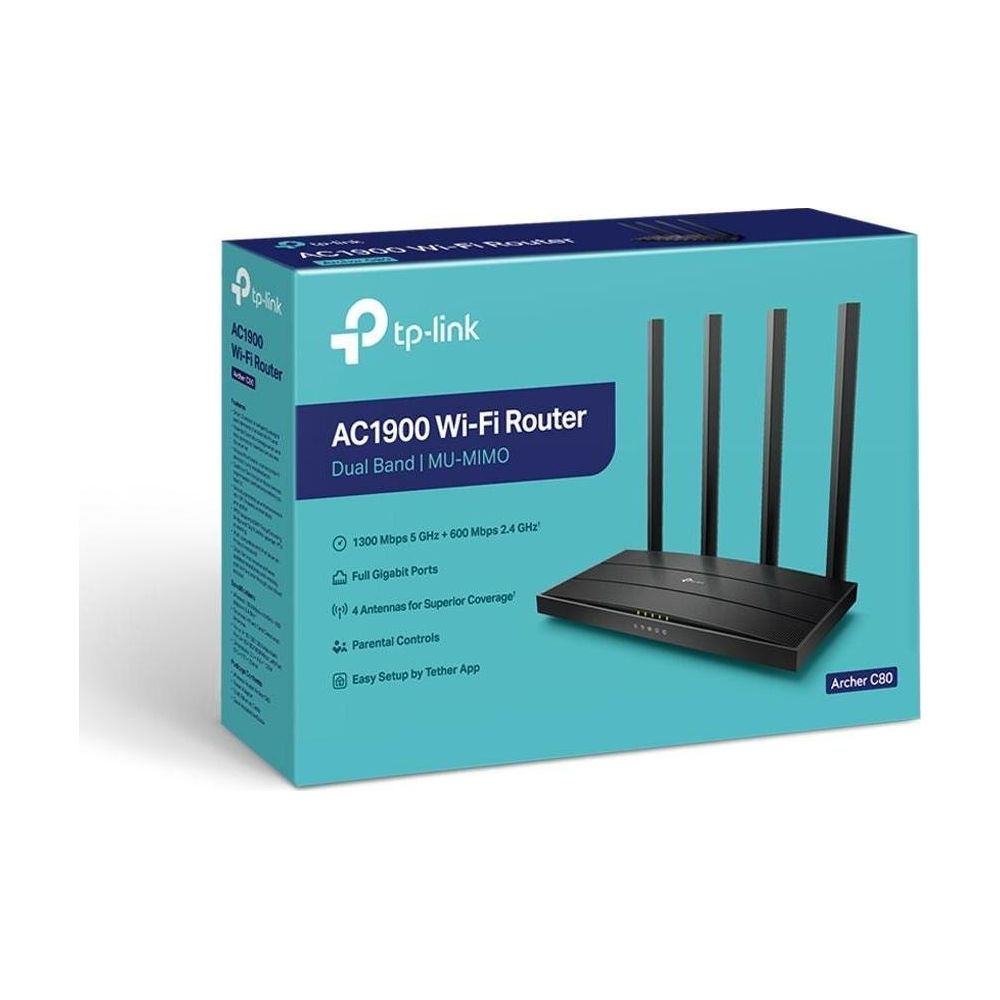 Eine türkis- und dunkelblaue TP-Link Archer C80 AC1900 WLAN-Router-Box zeigt das Gerät mit vier Antennen.