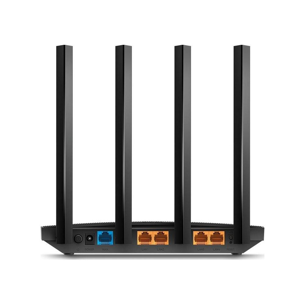 Rückseite eines schwarzen Routers mit vier langen Antennen und mehreren Ethernet-Anschlüssen.