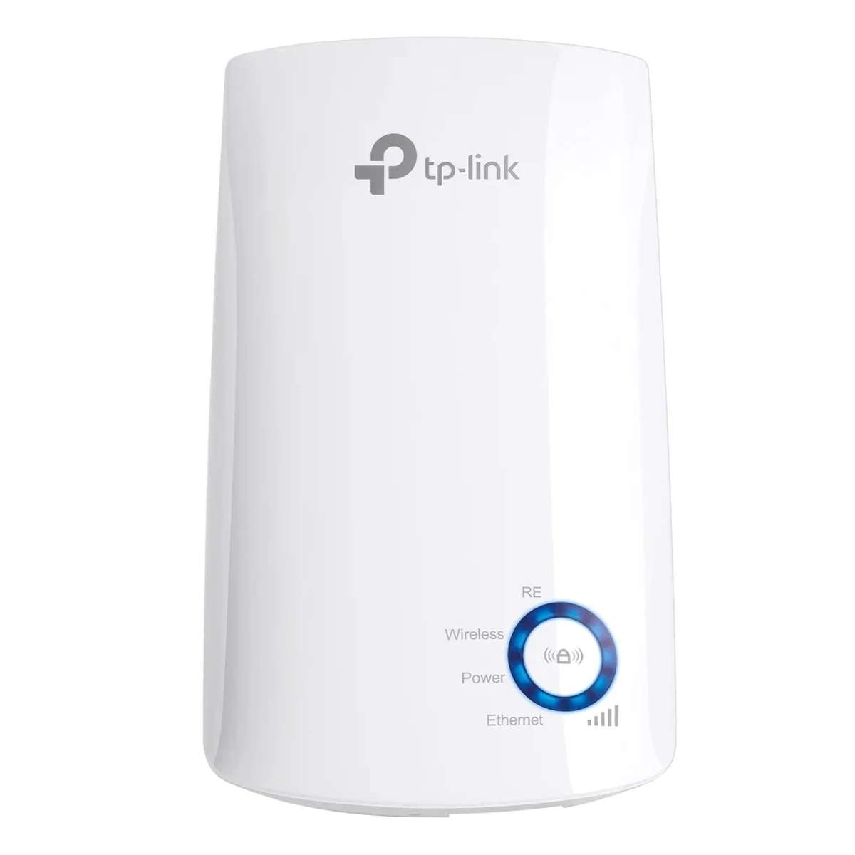 Ein weißer TP-Link WLAN-Verstärker mit blauer LED-Anzeige.