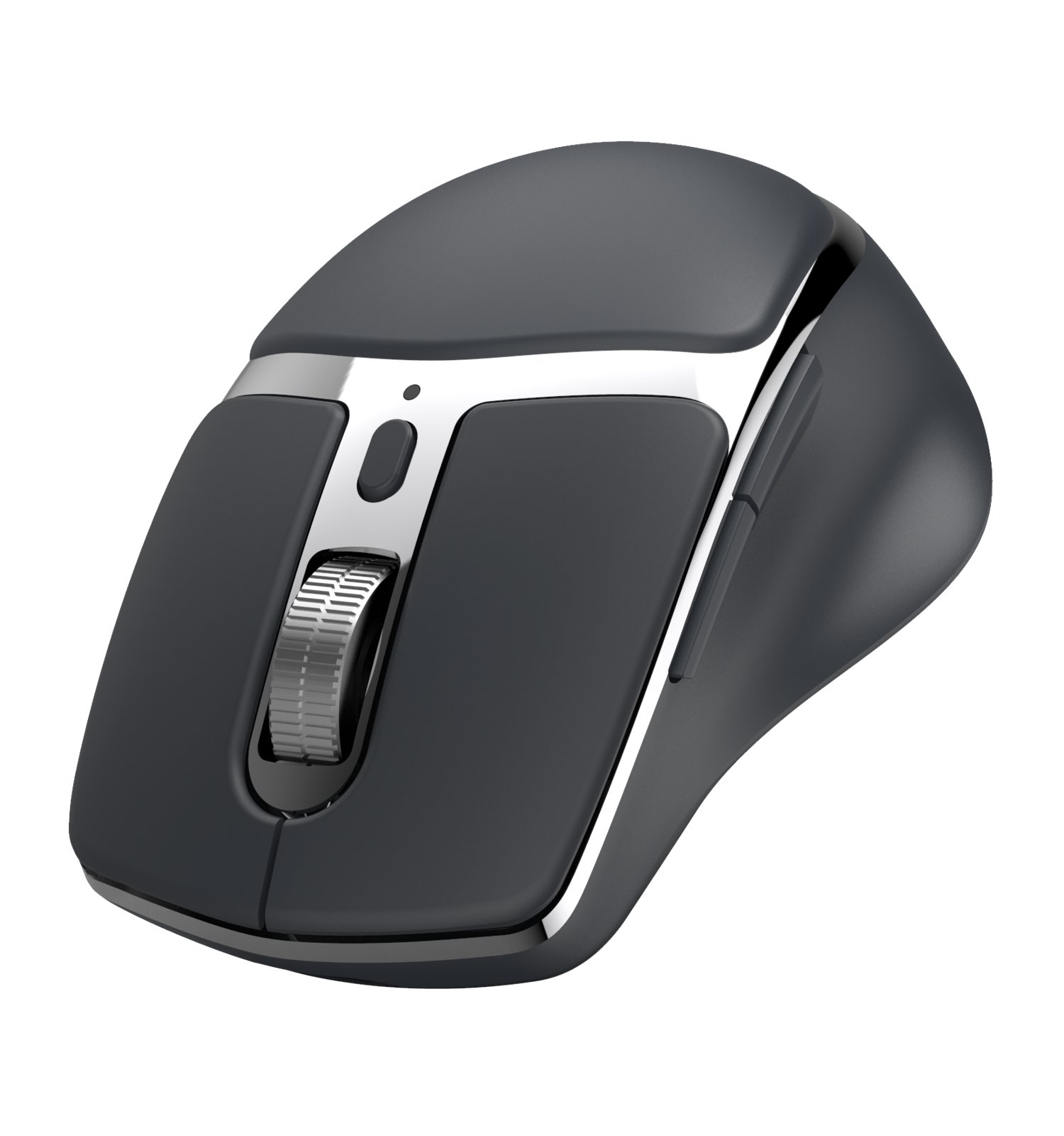 Eine graue ergonomische Computermaus mit Metallscrollrad und Zusatztasten auf weißem Hintergrund.
