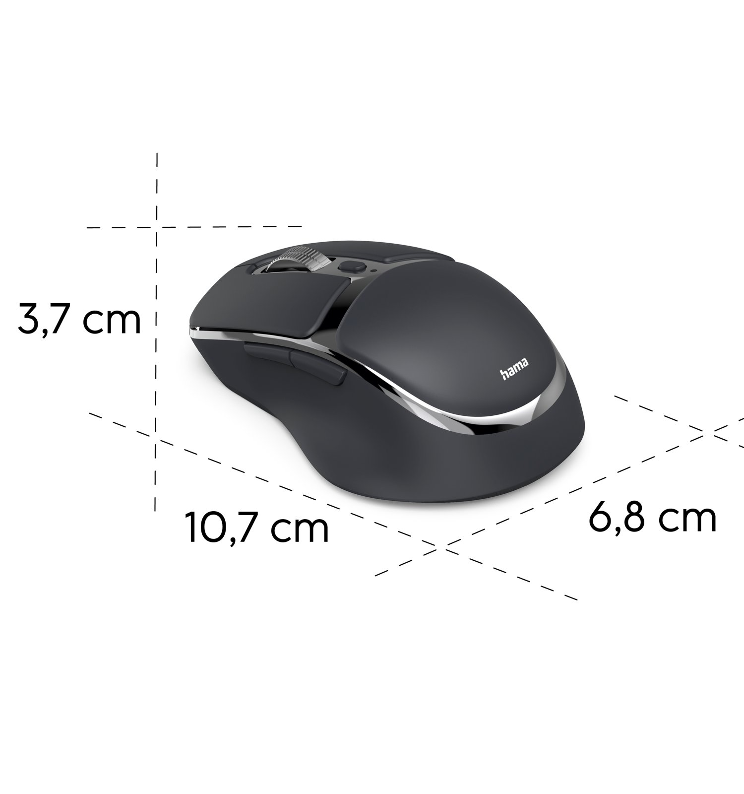 Schwarze Hama-Computermaus mit Größenangaben in cm: 3,7 x 10,7 x 6,8.