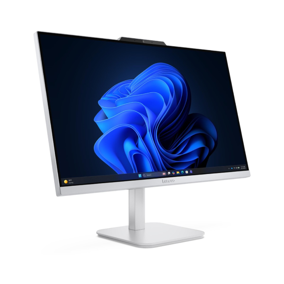 Ein weißer Lenovo All-in-One-Desktop-Computer mit blauem Hintergrundbild auf weißem Hintergrund.