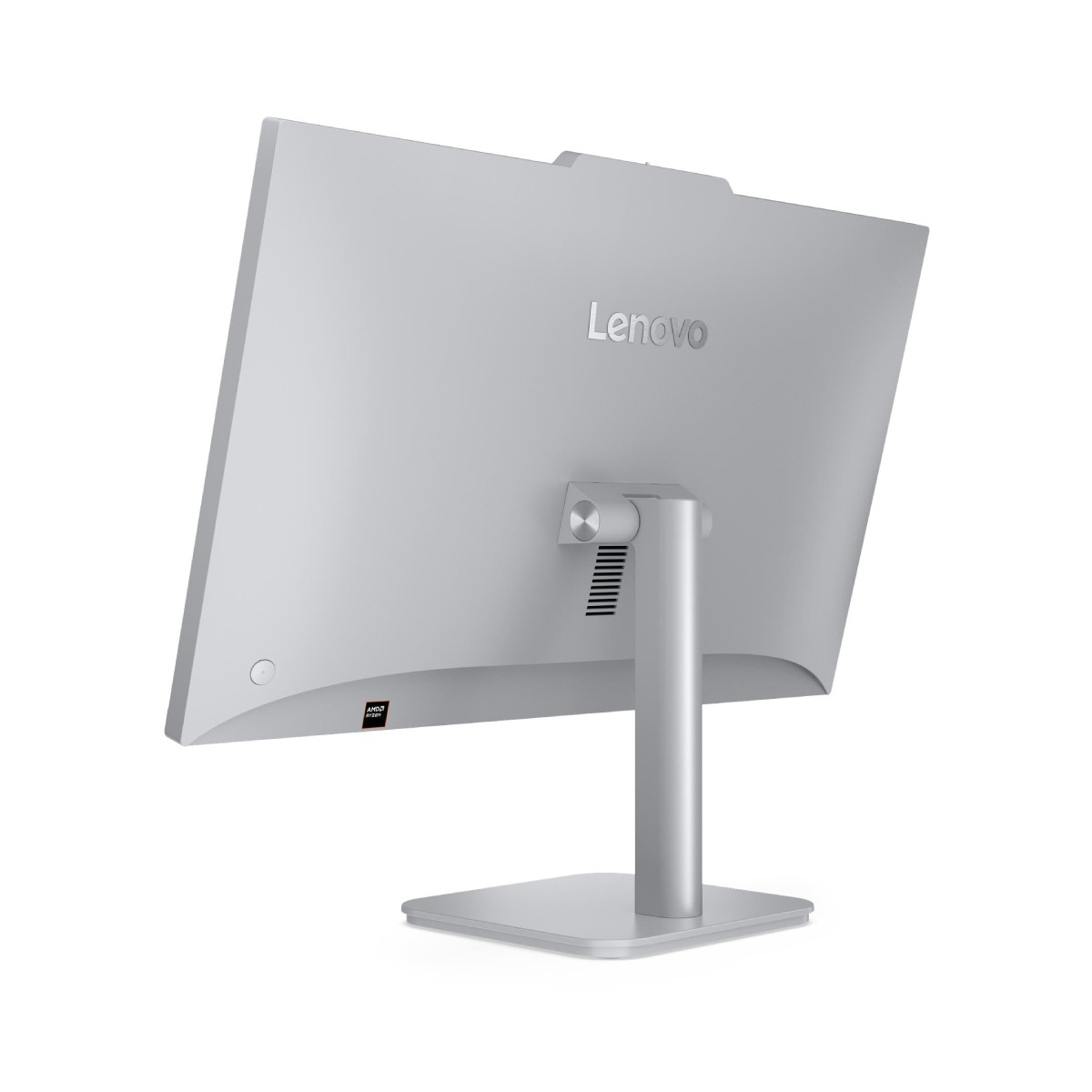 Rückseite eines silbernen Lenovo All-in-One-PCs auf weißem Hintergrund.