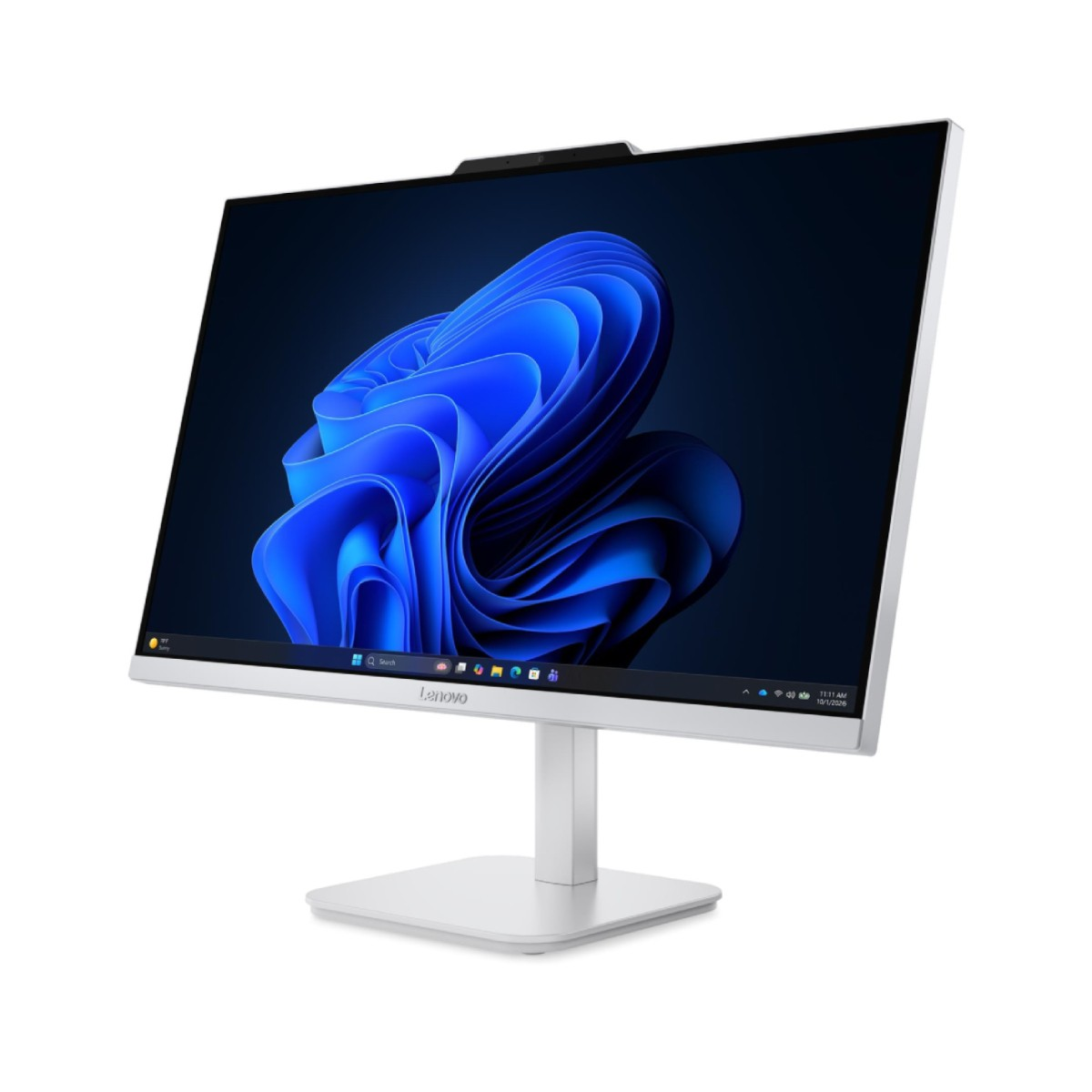 Ein weißer Lenovo All-in-One-Computer mit blauem Windows 11-Hintergrundbild steht auf weißem Grund.