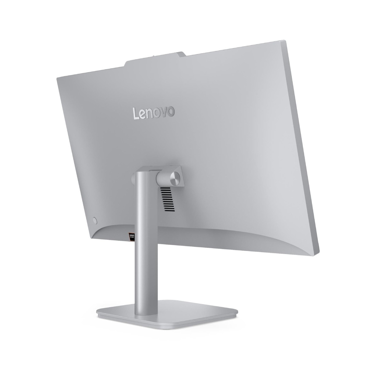 Rückansicht eines silbernen Lenovo All-in-One-PCs auf einem hellen Hintergrund.