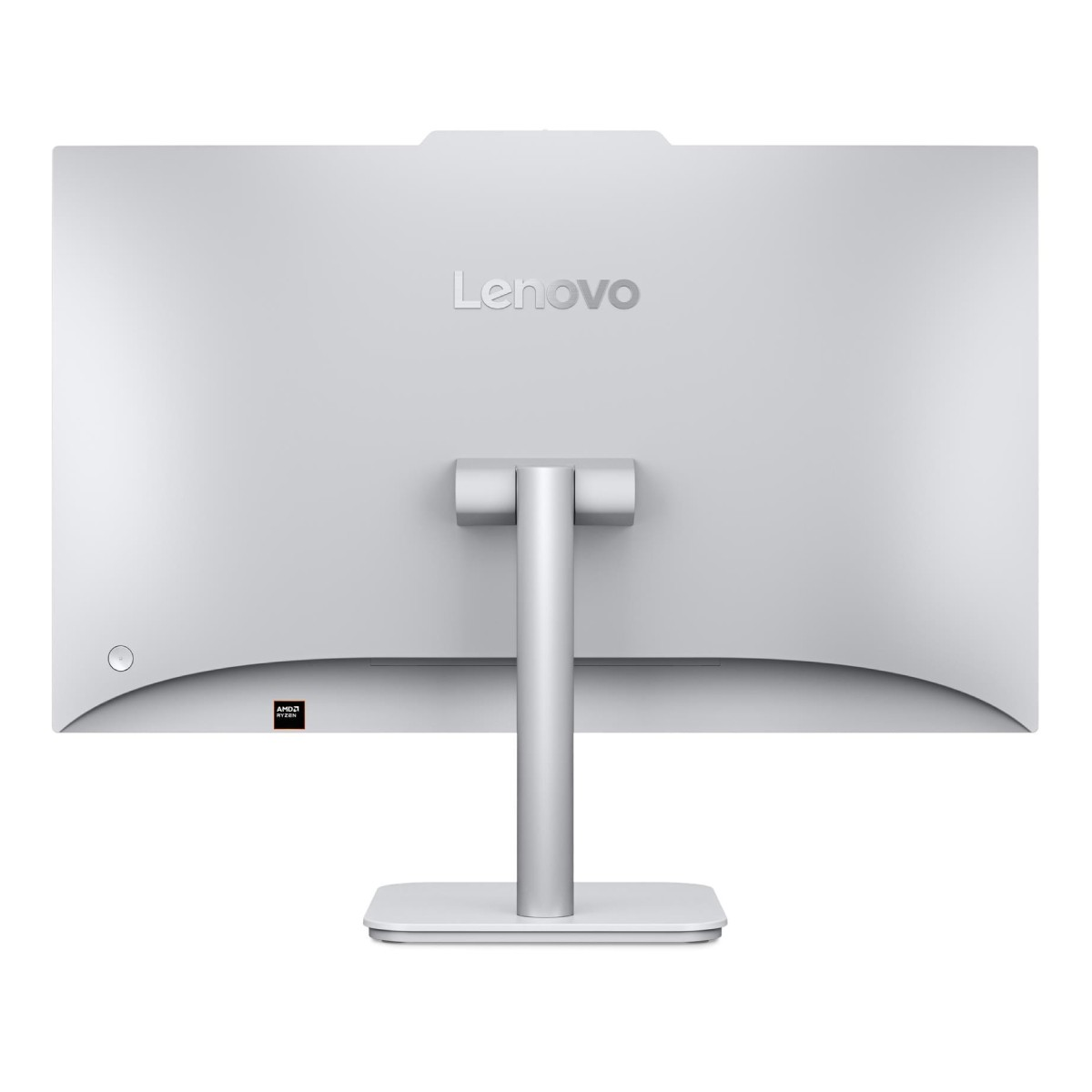 Die Rückseite eines weißen Lenovo All-in-One-Computers mit einem runden Standfuß.