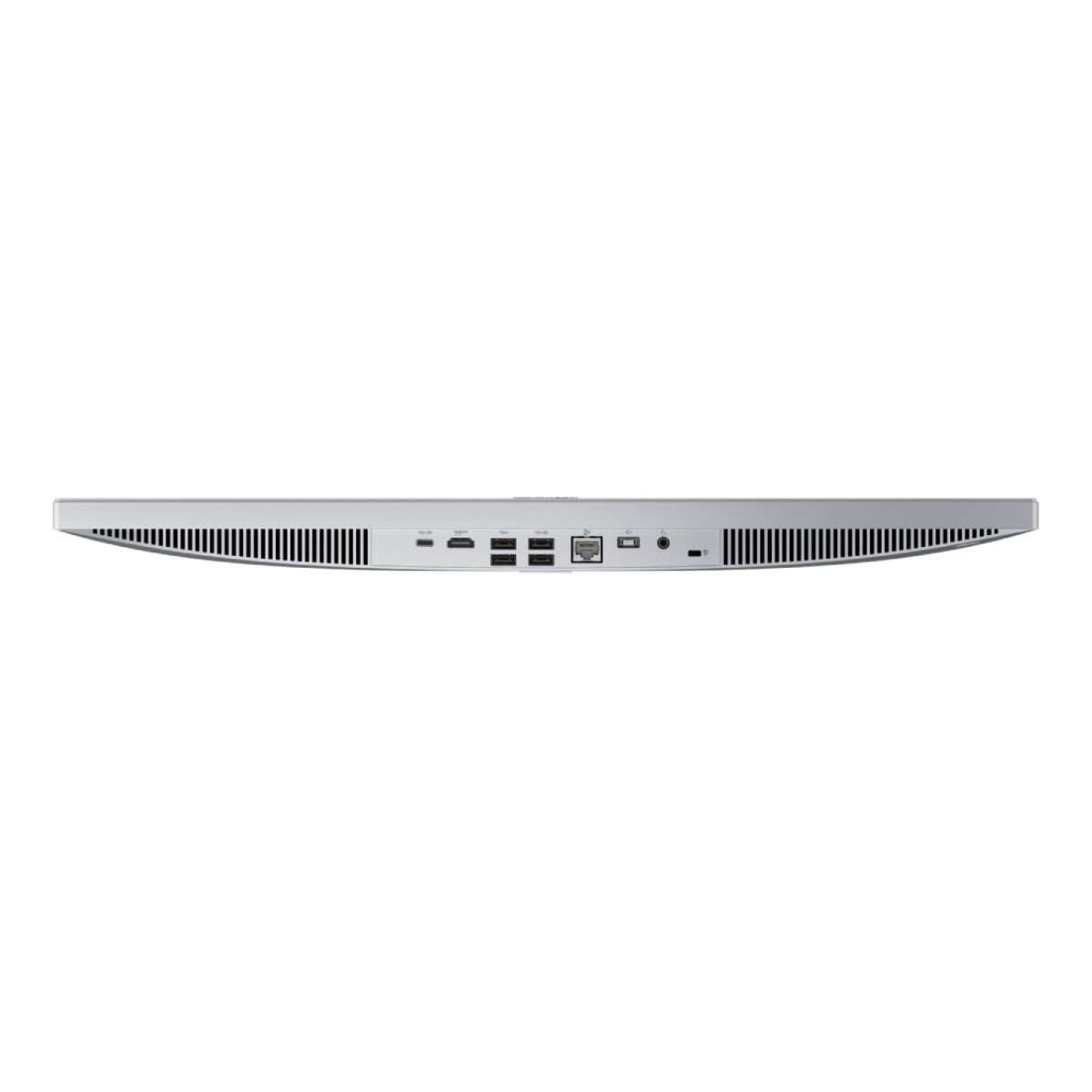 Rückansicht eines silbernen All-in-One-Computers mit verschiedenen Anschlüssen und Lüftungsgittern.