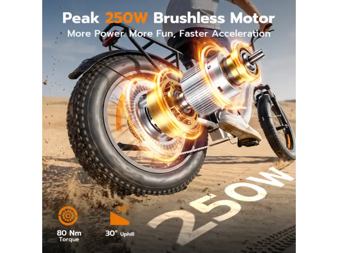 Bicicleta eléctrica con motor sin escobillas de 250W en la arena, con gráficos brillantes.