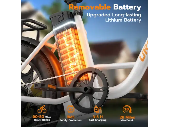 Bicicleta eléctrica con batería de litio extraíble que brilla en naranja.