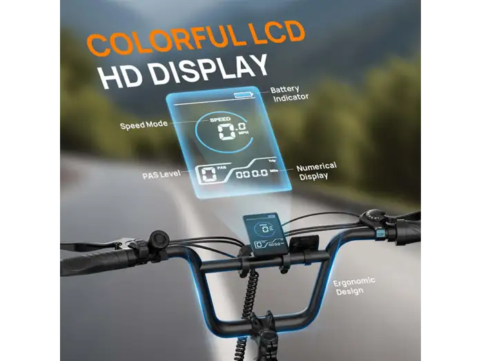 Manillar de bicicleta eléctrica con una pantalla LCD resaltada que muestra la velocidad y la batería.